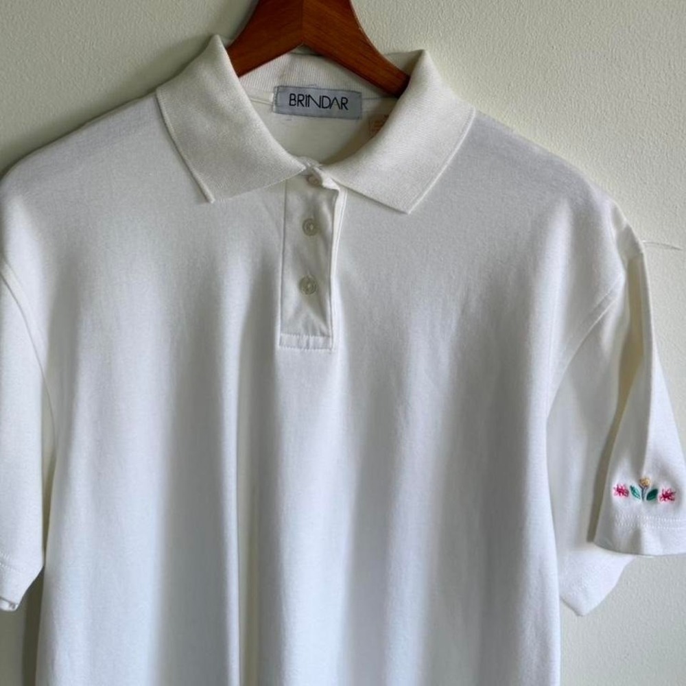 White Brindar Polo Shirt with Floral Embroidery Size M Cotton Womens Top‎ - Picture 5 of 5